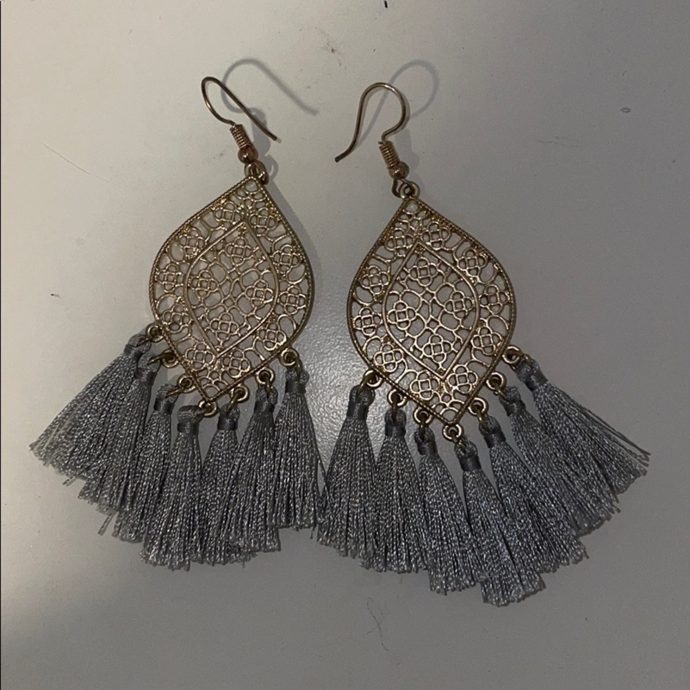 Gray and gold tassle earrings